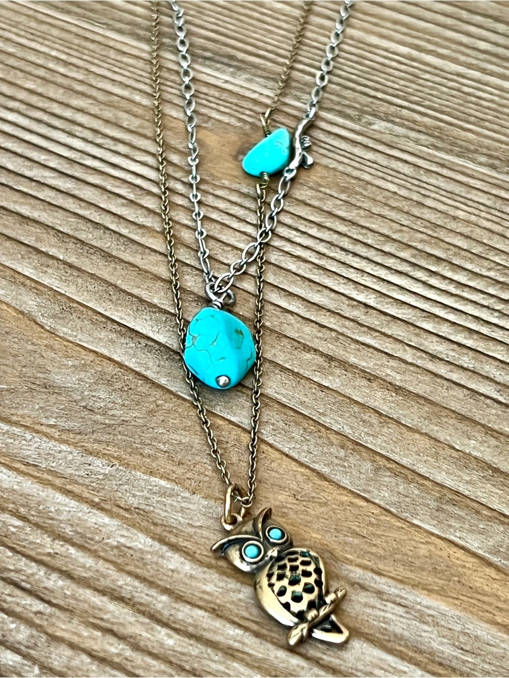 Lucky Brand Two-Tone Layered Owl & Turquoise Necklace 23”